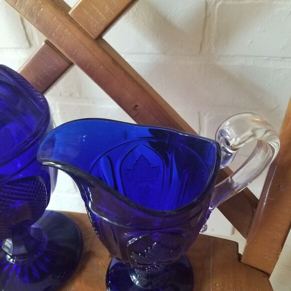 Imperial Glass Grape and Magnet Cobalt Large Creamer W/ Lid Sugar Bowl URANIUM - Picture 4 of 7